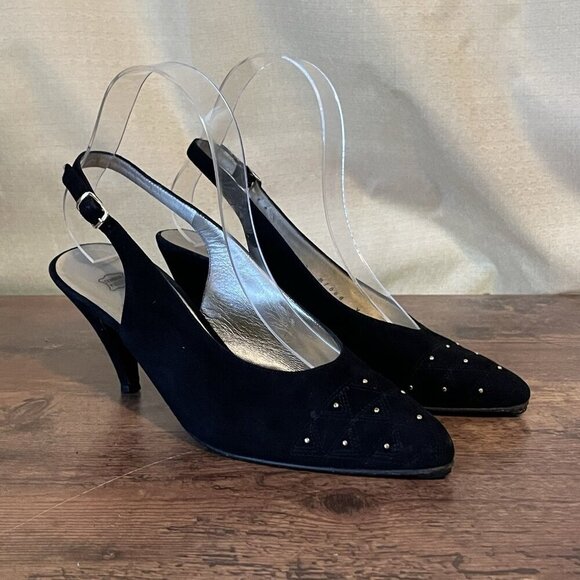Vintage Bruno Magli Womens Heels Sz 7 AA Black Leather Studded Slingback Pump - Picture 5 of 12